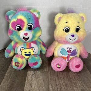 Lot of 2 Care Bears Rainbow Good Vibes Bear Calming Heart Bear 14"